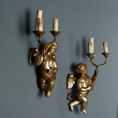 Pair of wall lamps, Pair of wooden wall lamps