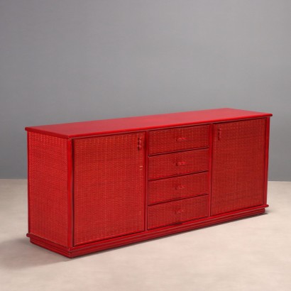 1980s Red Bamboo and Wicker Sideboard