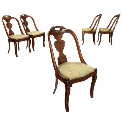 Antique Restoration Chairs Walnut Fabric Italy XIX Century