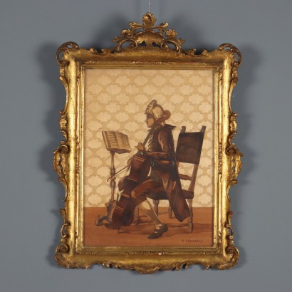 Quadro a Intarsio di Francesco Ferrario raffigurante Violoncellista, 1930 ca.