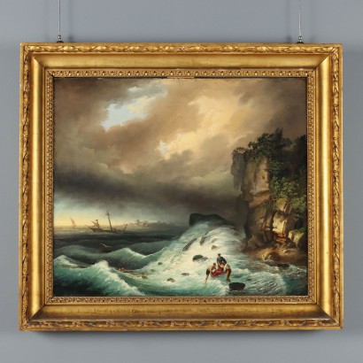 Antikes Bild Schiffswrack Öl auf Leinwand Italien XIX Jhd