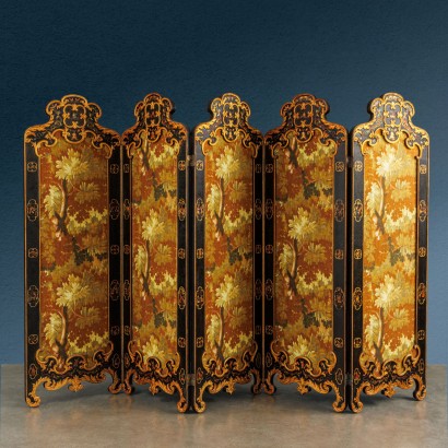 Antique Screen Chinoiserie Lacquered Poplar Decorations XIX Century