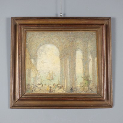 Antique Painting Porch with Figures Signed Gregorio Mariani XX Century
