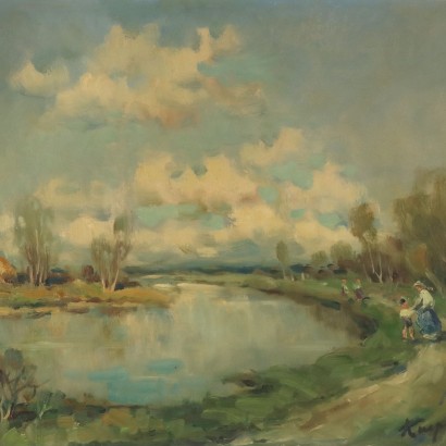 Dipinto di Ivan Karpoff,Paesaggio fluviale con figure,Ivan Karpoff,Ivan Karpoff,Ivan Karpoff