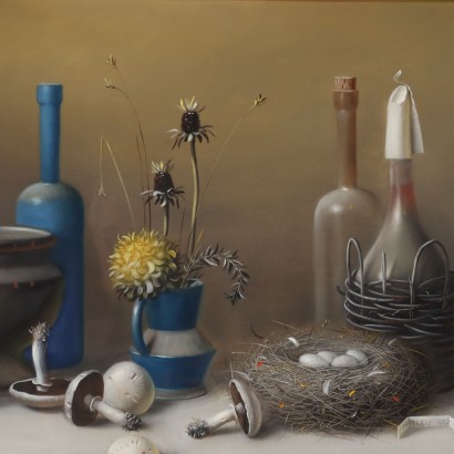 Dipinto di Proferio Grossi,Natura morta,Proferio Grossi,Proferio Grossi,Proferio Grossi,Born in 1923 on the hills of Parma PRoferio Grossi after classical studies in Parma moved to Milan, where he attended the Luigi Bocconi University of Commerce for a short time and then enrolled at the Brera Academy. Here he became the favored student of Atanasio Soldati, his fellow townsman and leader of Geometric Abstractionism. In 1948 he joined the MAC (Movimento Arte Concreta) and in 1954 held his first solo exhibition at Studio B 24 in Milan, where in 1957 he then organized the 1st Concrete Art Review at the Schettini Gallery. In the following years Proferio Grossi achieved well-deserved success with the adoption of object painting, in an aesthetic discourse he carried on until the last days of his life, alternating it with the abstract trend. Numerous are the solo, group, and retrospective exhibitions held by Proferio Grossi in Italian and foreign galleries. For his artistic merits, he was appointed member of the Academy of Fine Arts of Parma and other qualified Italian academies. Proferio Grossi also executed portraits of famous personalities, murals, and frescoes, both in the Parma and Milan areas. He died in Parma in 2000.
