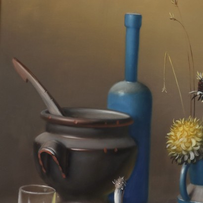 Dipinto di Proferio Grossi,Natura morta,Proferio Grossi,Proferio Grossi,Proferio Grossi,Born in 1923 on the hills of Parma PRoferio Grossi after classical studies in Parma moved to Milan, where he attended the Luigi Bocconi University of Commerce for a short time and then enrolled at the Brera Academy. Here he became the favored student of Atanasio Soldati, his fellow townsman and leader of Geometric Abstractionism. In 1948 he joined the MAC (Movimento Arte Concreta) and in 1954 held his first solo exhibition at Studio B 24 in Milan, where in 1957 he then organized the 1st Concrete Art Review at the Schettini Gallery. In the following years Proferio Grossi achieved well-deserved success with the adoption of object painting, in an aesthetic discourse he carried on until the last days of his life, alternating it with the abstract trend. Numerous are the solo, group, and retrospective exhibitions held by Proferio Grossi in Italian and foreign galleries. For his artistic merits, he was appointed member of the Academy of Fine Arts of Parma and other qualified Italian academies. Proferio Grossi also executed portraits of famous personalities, murals, and frescoes, both in the Parma and Milan areas. He died in Parma in 2000.