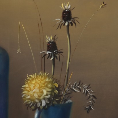 Dipinto di Proferio Grossi,Natura morta,Proferio Grossi,Proferio Grossi,Proferio Grossi,Born in 1923 on the hills of Parma PRoferio Grossi after classical studies in Parma moved to Milan, where he attended the Luigi Bocconi University of Commerce for a short time and then enrolled at the Brera Academy. Here he became the favored student of Atanasio Soldati, his fellow townsman and leader of Geometric Abstractionism. In 1948 he joined the MAC (Movimento Arte Concreta) and in 1954 held his first solo exhibition at Studio B 24 in Milan, where in 1957 he then organized the 1st Concrete Art Review at the Schettini Gallery. In the following years Proferio Grossi achieved well-deserved success with the adoption of object painting, in an aesthetic discourse he carried on until the last days of his life, alternating it with the abstract trend. Numerous are the solo, group, and retrospective exhibitions held by Proferio Grossi in Italian and foreign galleries. For his artistic merits, he was appointed member of the Academy of Fine Arts of Parma and other qualified Italian academies. Proferio Grossi also executed portraits of famous personalities, murals, and frescoes, both in the Parma and Milan areas. He died in Parma in 2000.