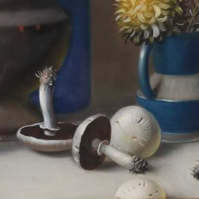 Dipinto di Proferio Grossi,Natura morta,Proferio Grossi,Proferio Grossi,Proferio Grossi,Born in 1923 on the hills of Parma PRoferio Grossi after classical studies in Parma moved to Milan, where he attended the Luigi Bocconi University of Commerce for a short time and then enrolled at the Brera Academy. Here he became the favored student of Atanasio Soldati, his fellow townsman and leader of Geometric Abstractionism. In 1948 he joined the MAC (Movimento Arte Concreta) and in 1954 held his first solo exhibition at Studio B 24 in Milan, where in 1957 he then organized the 1st Concrete Art Review at the Schettini Gallery. In the following years Proferio Grossi achieved well-deserved success with the adoption of object painting, in an aesthetic discourse he carried on until the last days of his life, alternating it with the abstract trend. Numerous are the solo, group, and retrospective exhibitions held by Proferio Grossi in Italian and foreign galleries. For his artistic merits, he was appointed member of the Academy of Fine Arts of Parma and other qualified Italian academies. Proferio Grossi also executed portraits of famous personalities, murals, and frescoes, both in the Parma and Milan areas. He died in Parma in 2000.