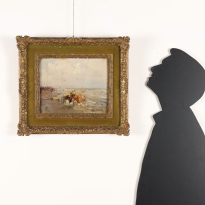 Faux tableau signé, Plage avec personnages et bétail