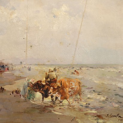 Faux tableau signé, Plage avec personnages et bétail