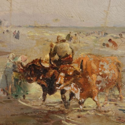 Faux tableau signé, Plage avec personnages et bétail