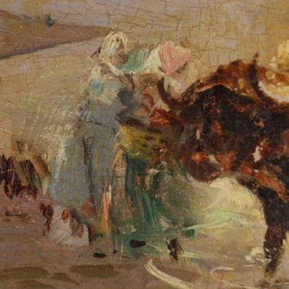 Faux tableau signé, Plage avec personnages et bétail
