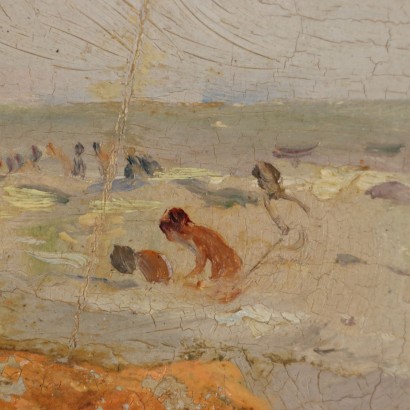 Faux tableau signé, Plage avec personnages et bétail