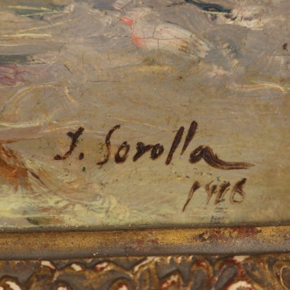 Faux tableau signé, Plage avec personnages et bétail
