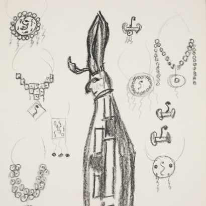 Drawing by Remo Brindisi, Sketch for the costumes of the 0, Remo Brindisi, Remo Brindisi, Remo Brindisi