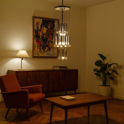 Lámpara de araña de diseño vintage, metal cromado y cristal, Italia, años 60_1321165 Lámpara de araña de los años 60