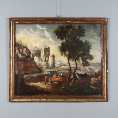 Dipinto Paesaggio con Edifici e Figure