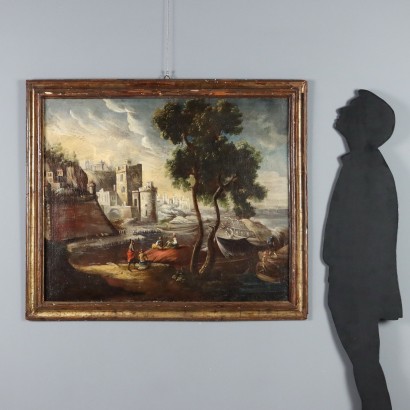 Dipinto Paesaggio con Edifici e Figure