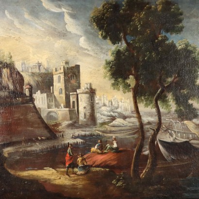 Dipinto Paesaggio con Edifici e Figure