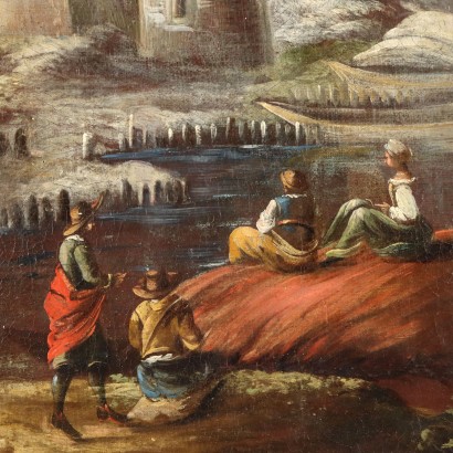 Dipinto Paesaggio con Edifici e Figure
