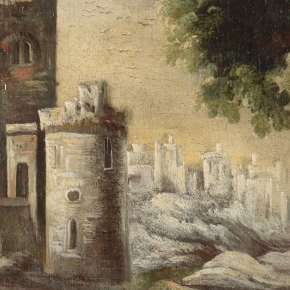 Dipinto Paesaggio con Edifici e Figure