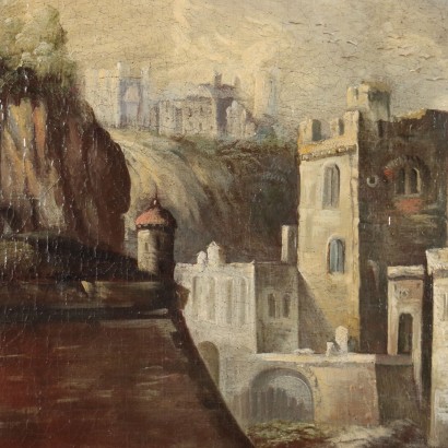 Dipinto Paesaggio con Edifici e Figure