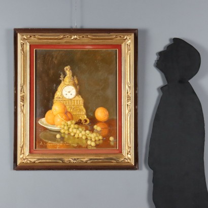 Gemälde von Ernesto Alcide Campestrini, Stillleben mit Uhr und Obst, Ernesto Alcide Campestrini, Ernesto Alcide Campestrini, Ernesto Alcide Campestrini