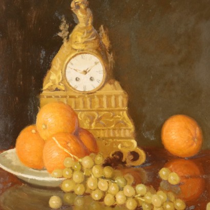 Gemälde von Ernesto Alcide Campestrini, Stillleben mit Uhr und Obst, Ernesto Alcide Campestrini, Ernesto Alcide Campestrini, Ernesto Alcide Campestrini