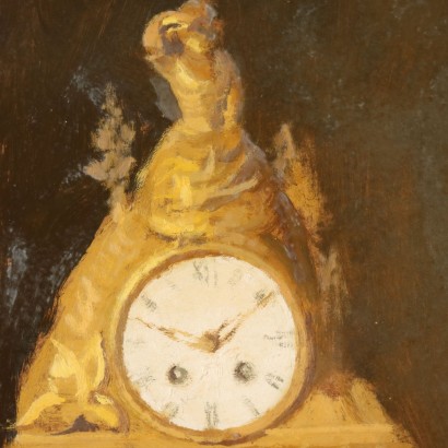 Gemälde von Ernesto Alcide Campestrini, Stillleben mit Uhr und Obst, Ernesto Alcide Campestrini, Ernesto Alcide Campestrini, Ernesto Alcide Campestrini