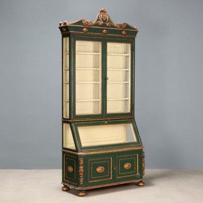 Antique Showcase Green Lacquered Poplar Glass Italy XIX Century