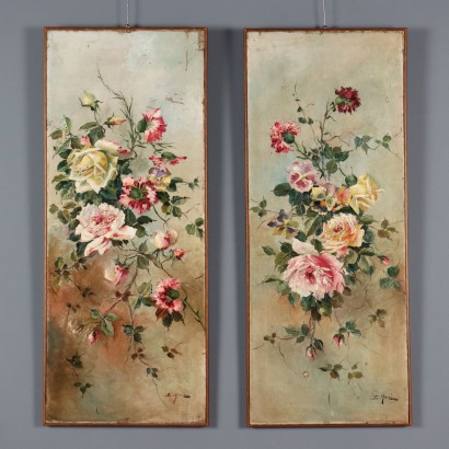 Antique Painting Flowers Oil on Canvas Italy XX Century