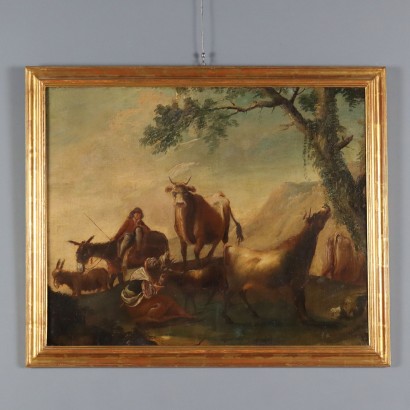 Antique Painting Landscape with Shepherds XVIII Century