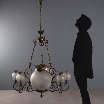 Antique Gilded Bronze Glass Chandelier 7 Lights Italy 19th Century_1328473 CHANDELIER, Seven-Light Chandelier