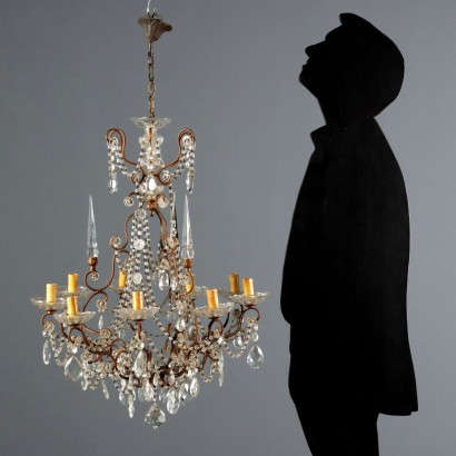 Antique 9-Light Chandelier in Glass and Iron, Gilded, Italy, 19th Century_1328517 Chandelier, Nine-Light Chandelier