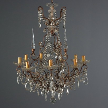 Antique 9-Light Chandelier in Glass and Iron, Gilded, Italy, 19th Century_1328518 Chandelier, Nine-Light Chandelier