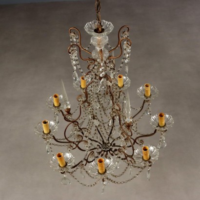 Antique 9-Light Chandelier in Glass and Iron, Gilded, Italy, 19th Century_1328525 Chandelier, Nine-Light Chandelier