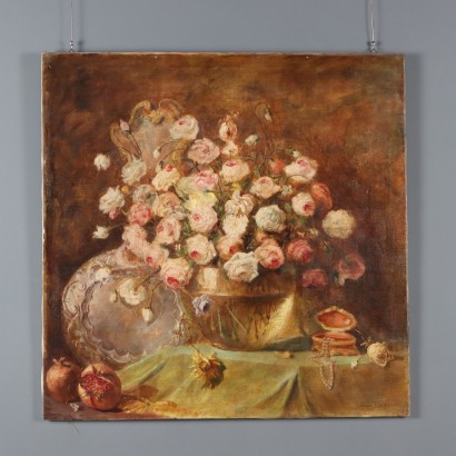 Still Life Painting with Roses, Pomegranates and a Pearl Necklace