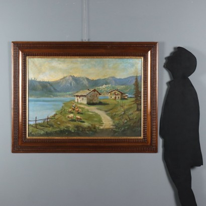 Painting Signed by Angelo Rovida, Landscape with a View of the Lake, 1960s_1329745 Painting by Angelo Rovida, Landscape with a Lake View, Angelo Rovida, Angelo Rovida, Angelo Rovida