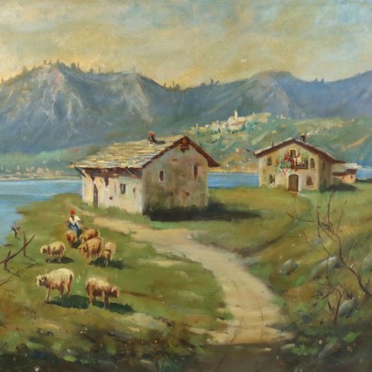 Painting Signed by Angelo Rovida, Landscape with a View of the Lake, 1960s_1329746 Painting by Angelo Rovida, Landscape with a Lake View, Angelo Rovida, Angelo Rovida, Angelo Rovida