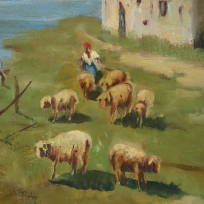 Painting Signed by Angelo Rovida, Landscape with a View of the Lake, 1960s_1329747 Painting by Angelo Rovida, Landscape with a Lake View, Angelo Rovida, Angelo Rovida, Angelo Rovida