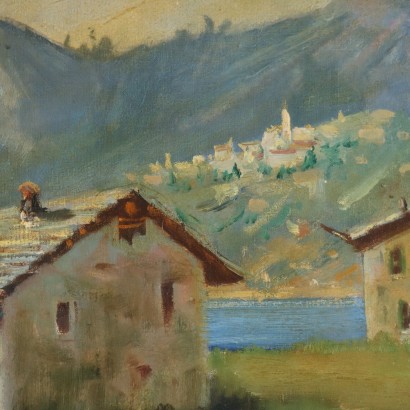Painting Signed by Angelo Rovida, Landscape with a View of the Lake, 1960s_1329749 Painting by Angelo Rovida, Landscape with a Lake View, Angelo Rovida, Angelo Rovida, Angelo Rovida