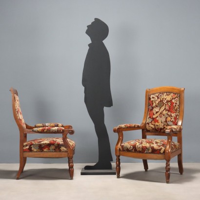 Antique Walnut Maple Fabric Armchairs from Italy, Late 19th Century_1330767 Pair of Armchairs