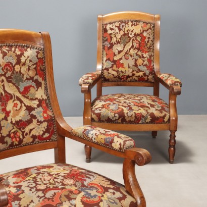 Antique Walnut Maple Fabric Armchairs from Italy, Late 19th Century_1330768 Pair of Armchairs