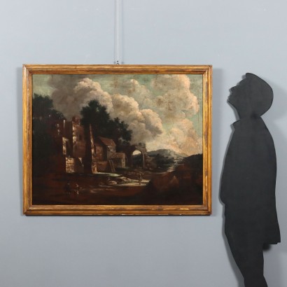 Pintura antigua Paisaje Edificios y figuras Óleo sobre lienzo Siglo XVIII_1330812 Pintura de paisaje con edificios y figuras