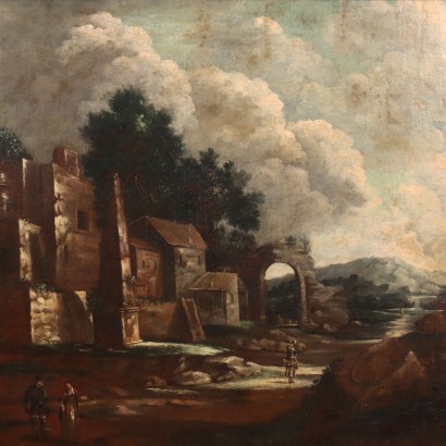 Pintura antigua Paisaje Edificios y figuras Óleo sobre lienzo Siglo XVIII_1330813 Pintura de paisaje con edificios y figuras