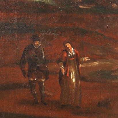 Pintura antigua Paisaje Edificios y figuras Óleo sobre lienzo Siglo XVIII_1330814 Pintura de paisaje con edificios y figuras