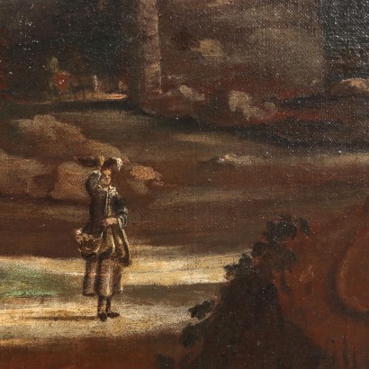 Pintura antigua Paisaje Edificios y figuras Óleo sobre lienzo Siglo XVIII_1330815 Pintura de paisaje con edificios y figuras