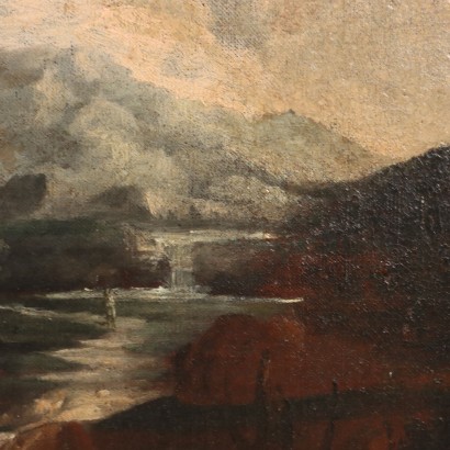 Pintura antigua Paisaje Edificios y figuras Óleo sobre lienzo Siglo XVIII_1330816 Pintura de paisaje con edificios y figuras