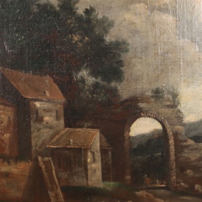 Pintura antigua Paisaje Edificios y figuras Óleo sobre lienzo Siglo XVIII_1330817 Pintura de paisaje con edificios y figuras