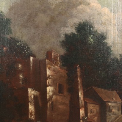Pintura antigua Paisaje Edificios y figuras Óleo sobre lienzo Siglo XVIII_1330818 Pintura de paisaje con edificios y figuras